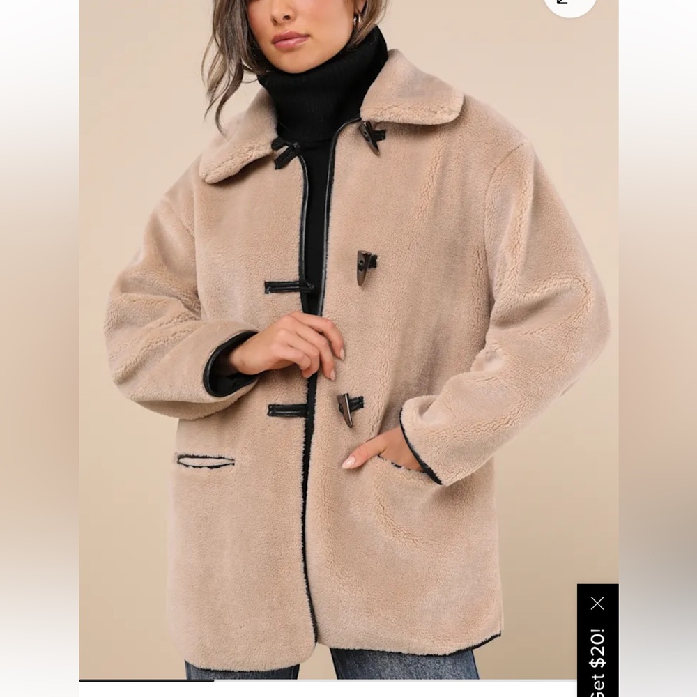 Beige Shearling Collared Toggle Coat - image 1